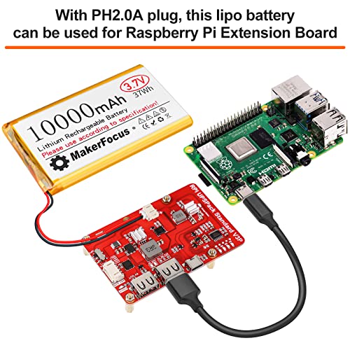 MakerFocus 1pcs 3.7V 10000mAh Lithium Polymer Rechargeable Battery with Integrated Protective Board, Insulation Coating and PH2.0 Plug for Raspberry Pi Battery Pack UPS and Other