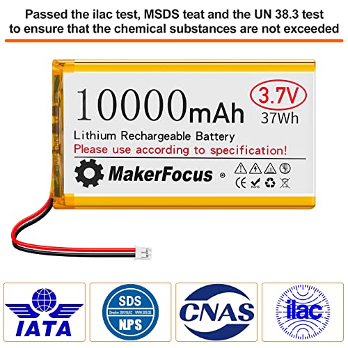 MakerFocus 1pcs 3.7V 10000mAh Lithium Polymer Rechargeable Battery with Integrated Protective Board, Insulation Coating and PH2.0 Plug for Raspberry Pi Battery Pack UPS and Other
