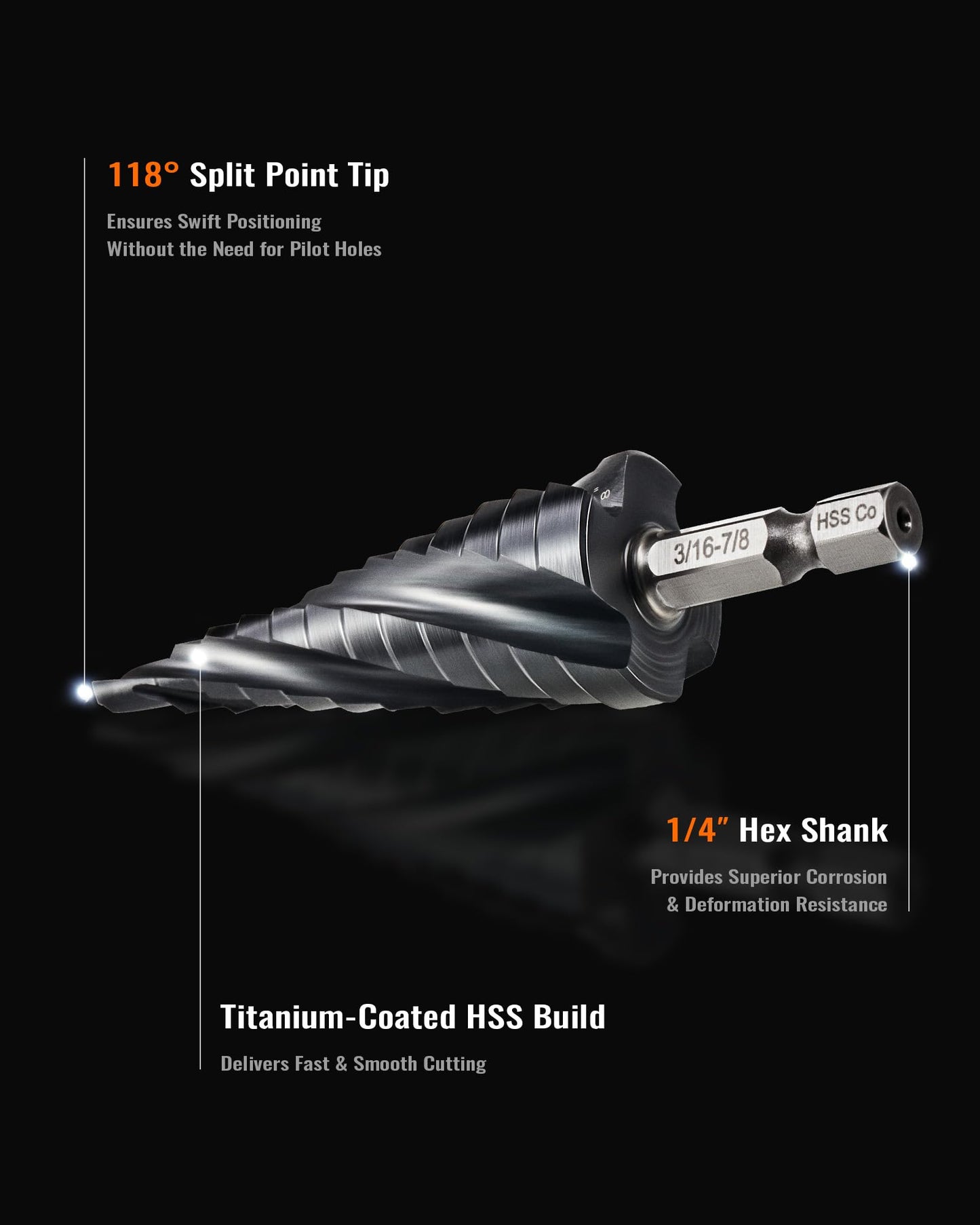 ZELCAN 10 Sizes Titanium Step Drill Bit, 1/4 to 1-3/8 Inches High Speed Steel Drill Cone Bits for Sheet Metal Hole Drilling Cutting, HSS Multi Size Hole Stepped Up Unibit for DIY Lovers Electrician