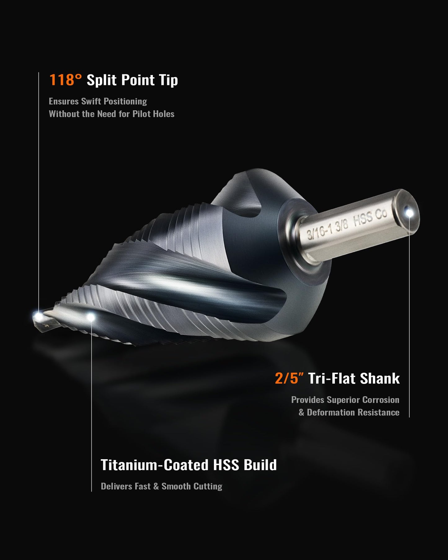 ZELCAN 10 Sizes Titanium Step Drill Bit, 1/4 to 1-3/8 Inches High Speed Steel Drill Cone Bits for Sheet Metal Hole Drilling Cutting, HSS Multi Size Hole Stepped Up Unibit for DIY Lovers Electrician