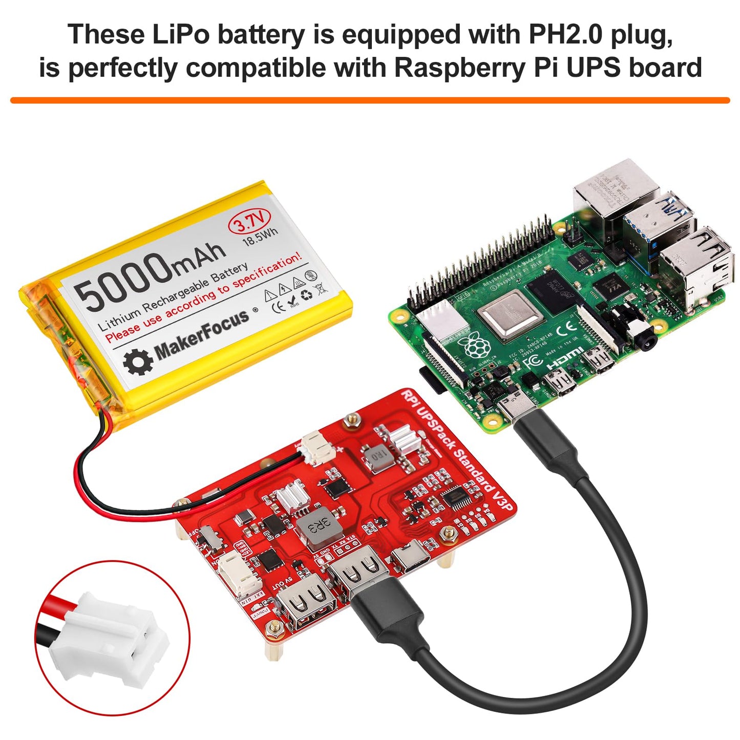 YELUFT 1pcs 3.7V 5000mAh Lithium Polymer Rechargeable Battery with Integrated Protective Board and PH2.0 Plug Compatible with WisBlock Meshtastic, Raspberry Pi UPS (Reversed Polarity)
