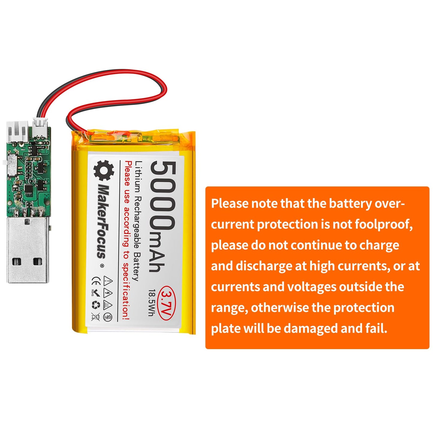 YELUFT 1pcs 3.7V 5000mAh Lithium Polymer Rechargeable Battery with Integrated Protective Board and PH2.0 Plug Compatible with WisBlock Meshtastic, Raspberry Pi UPS (Reversed Polarity)