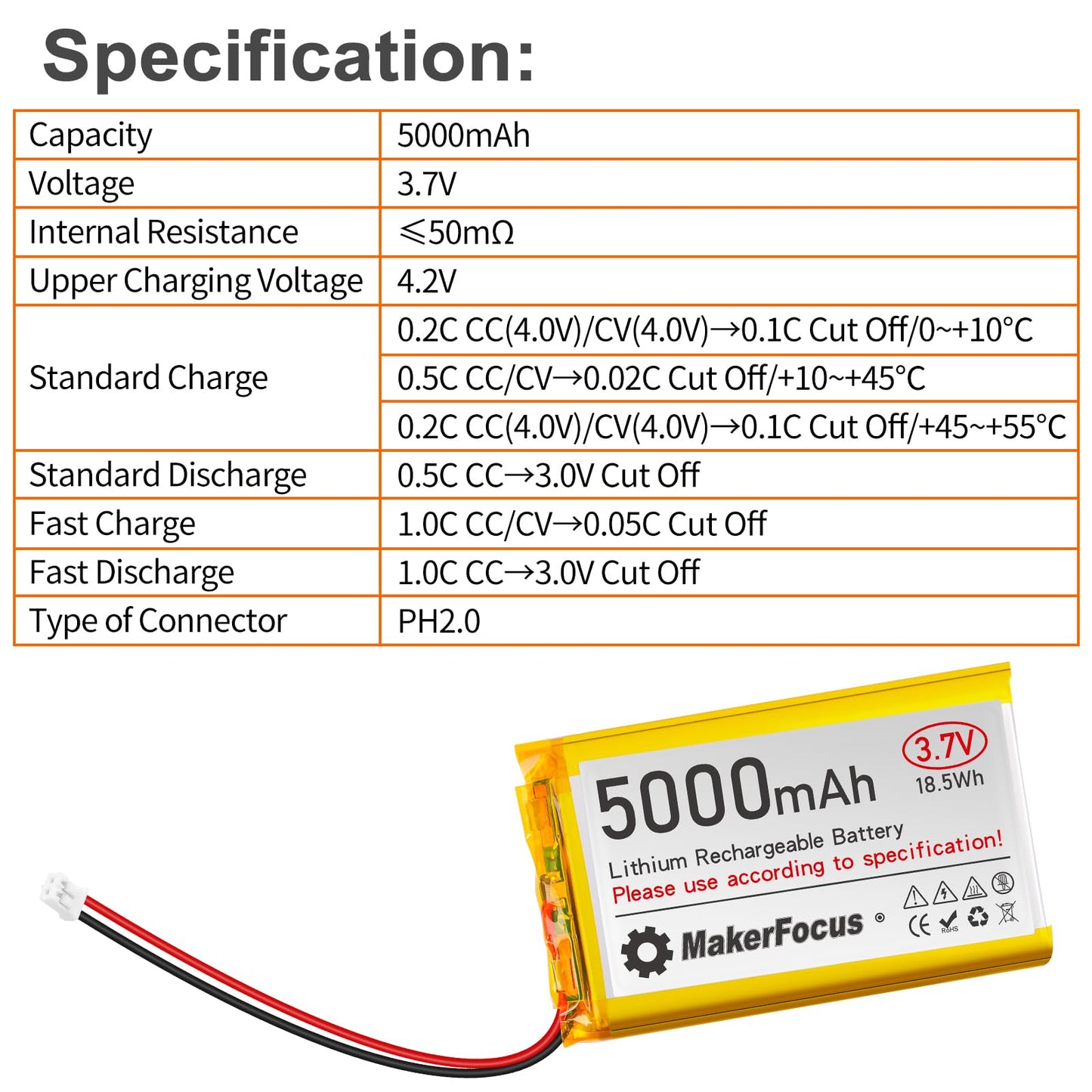 YELUFT 1pcs 3.7V 5000mAh Lithium Polymer Rechargeable Battery with Integrated Protective Board and PH2.0 Plug Compatible with WisBlock Meshtastic, Raspberry Pi UPS (Reversed Polarity)