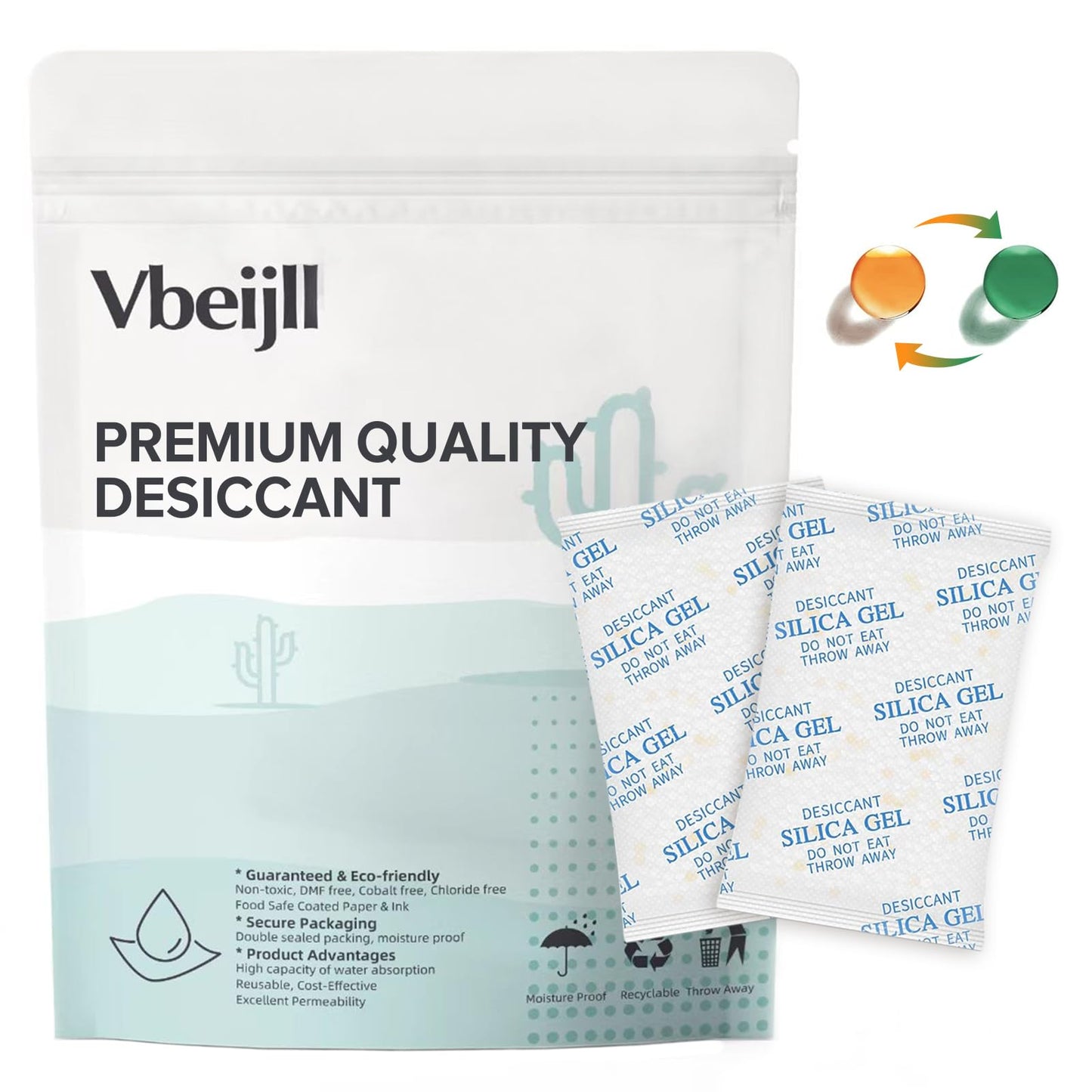 Vbeijll Premium 20 Gram 20 Pcs Desiccant Silica Gel Packets with Color Indicating - Rechargeable Moisture Absorbers for Food Grade Silica Packets for Foods, Seeds, 3D Filaments, Electronics, Safes