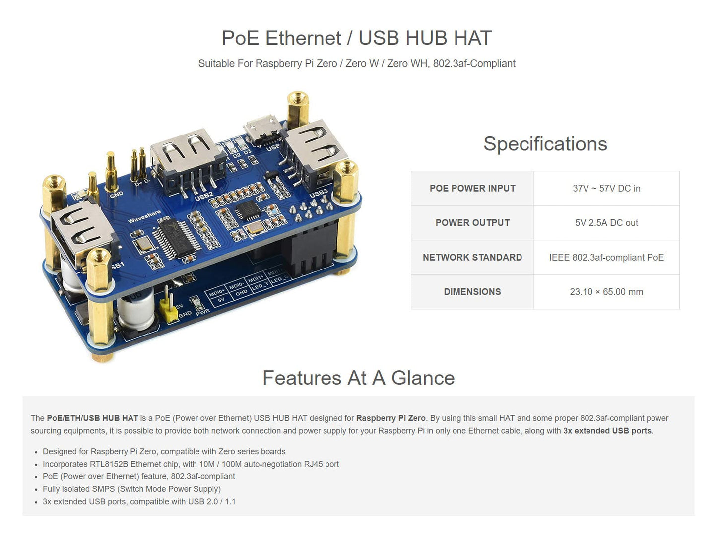 Waveshare PoE Ethernet/USB HUB HAT, Compatible with Raspberry Pi Zero/Zero W/4B/3B/3B+, 3X USB 2.0 Ports, 802.3af-Compliant