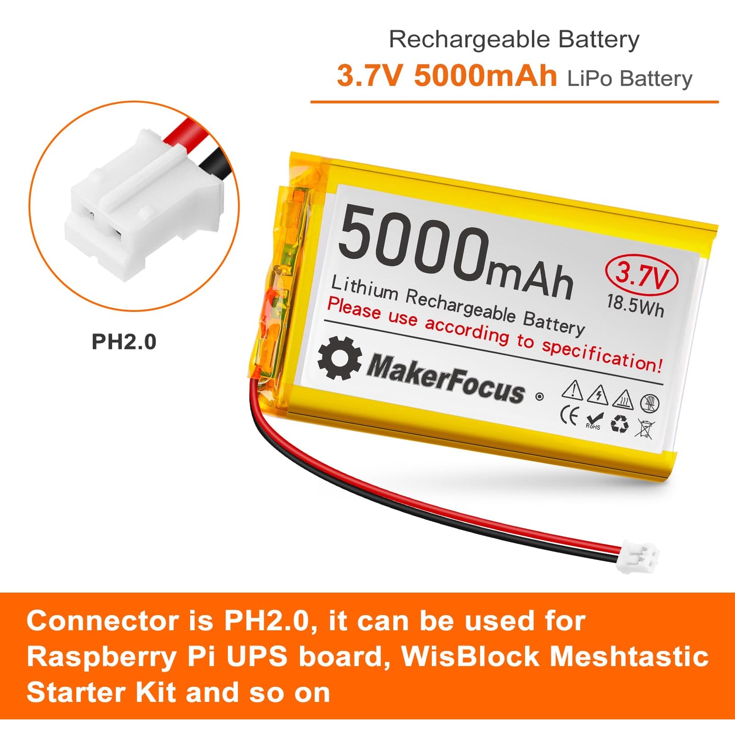YELUFT 1pcs 3.7V 5000mAh Lithium Polymer Rechargeable Battery with Integrated Protective Board and PH2.0 Plug Compatible with WisBlock Meshtastic, Raspberry Pi UPS (Reversed Polarity)