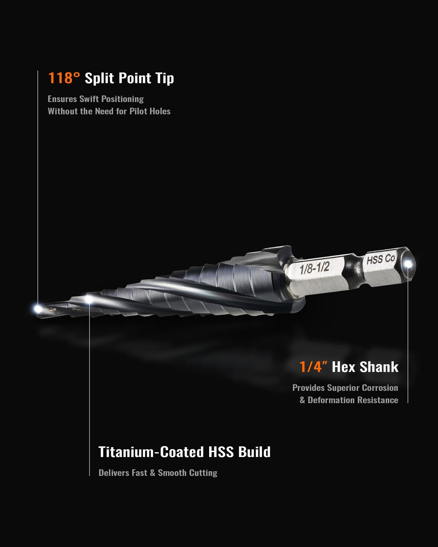 ZELCAN 10 Sizes Titanium Step Drill Bit, 1/4 to 1-3/8 Inches High Speed Steel Drill Cone Bits for Sheet Metal Hole Drilling Cutting, HSS Multi Size Hole Stepped Up Unibit for DIY Lovers Electrician