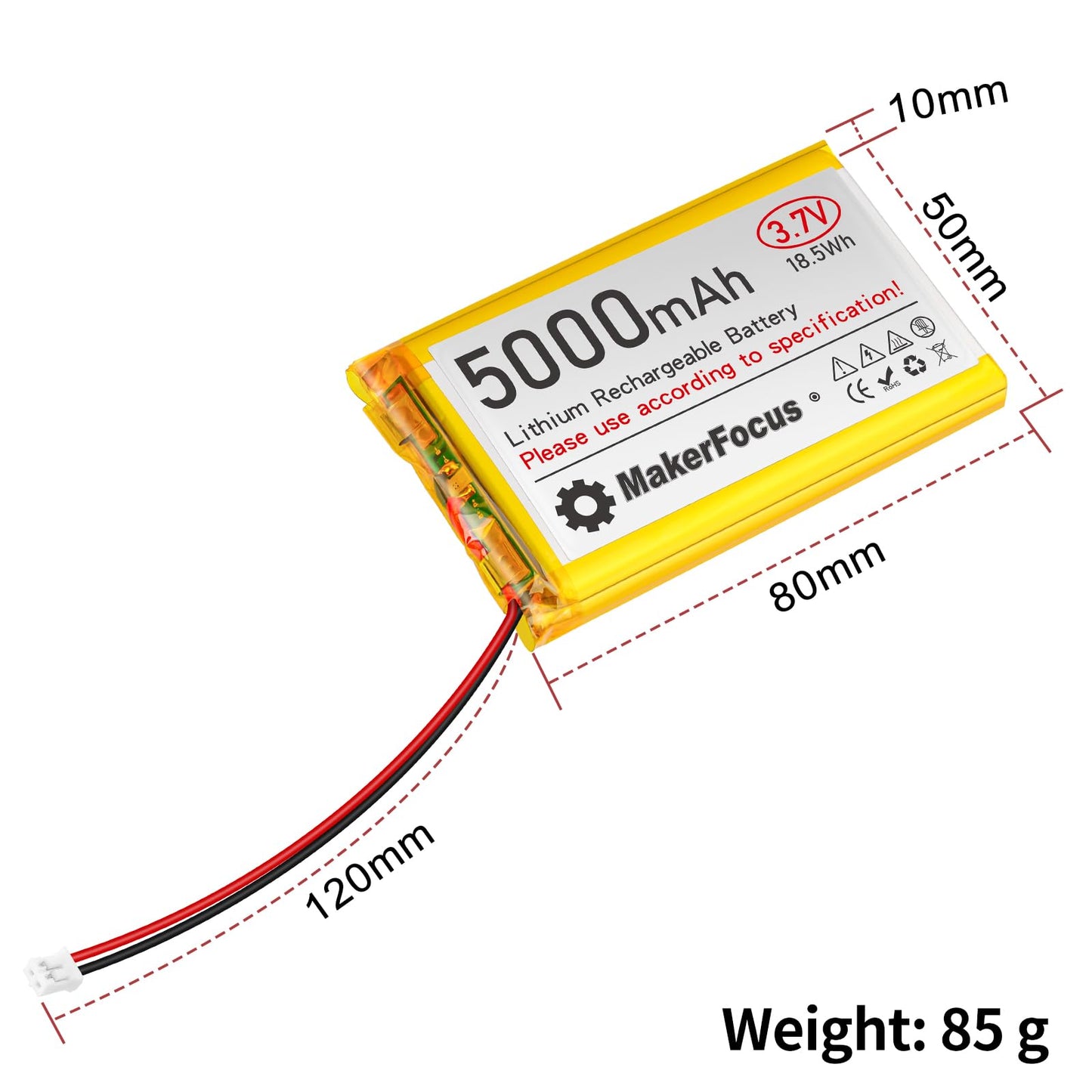 YELUFT 1pcs 3.7V 5000mAh Lithium Polymer Rechargeable Battery with Integrated Protective Board and PH2.0 Plug Compatible with WisBlock Meshtastic, Raspberry Pi UPS (Reversed Polarity)