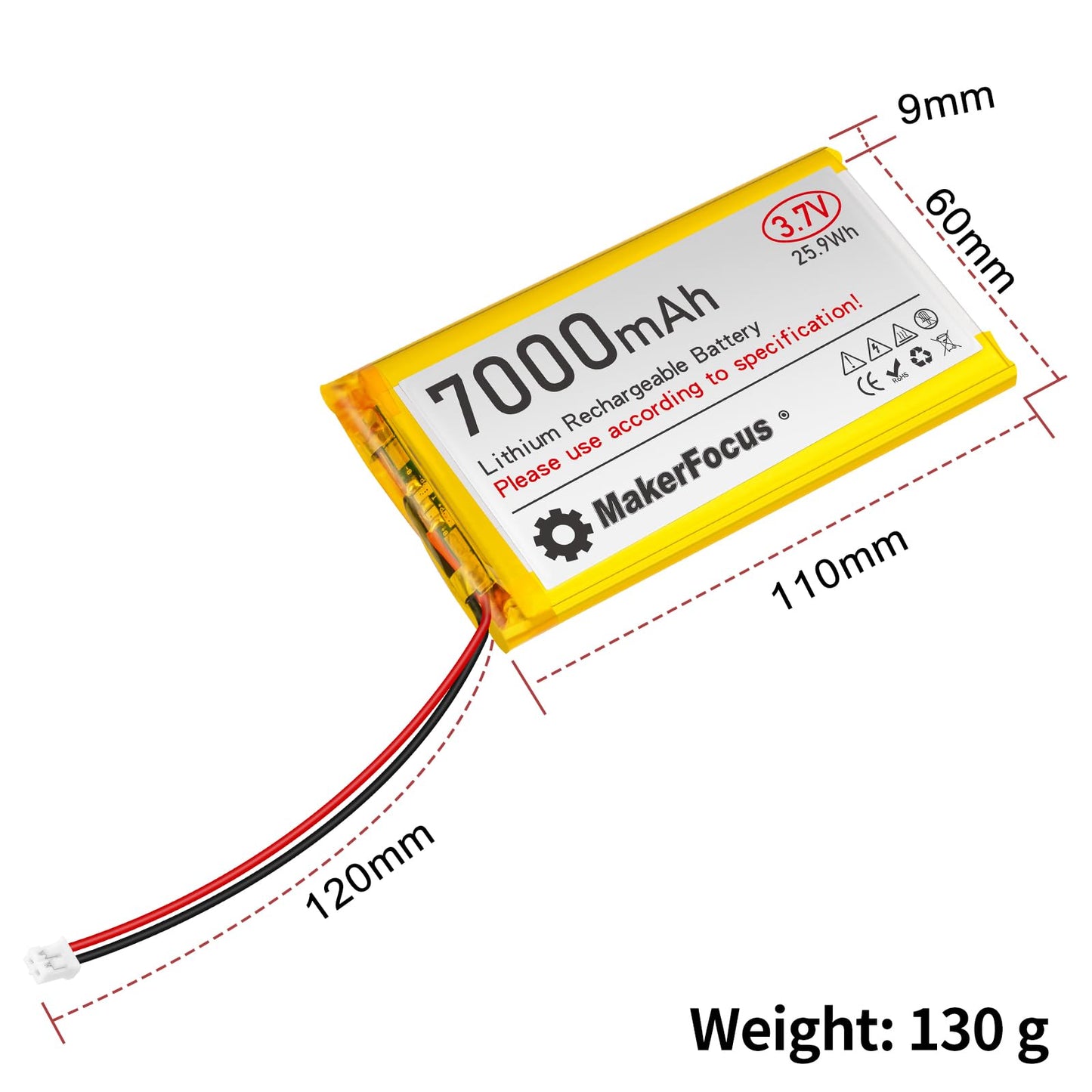 YELUFT 1pcs 3.7V 7000mAh Lithium Polymer Rechargeable Battery with Integrated Protective Board and PH2.0 Plug Compatible with WisBlock Meshtastic, Raspberry Pi UPS (Reversed Polarity)