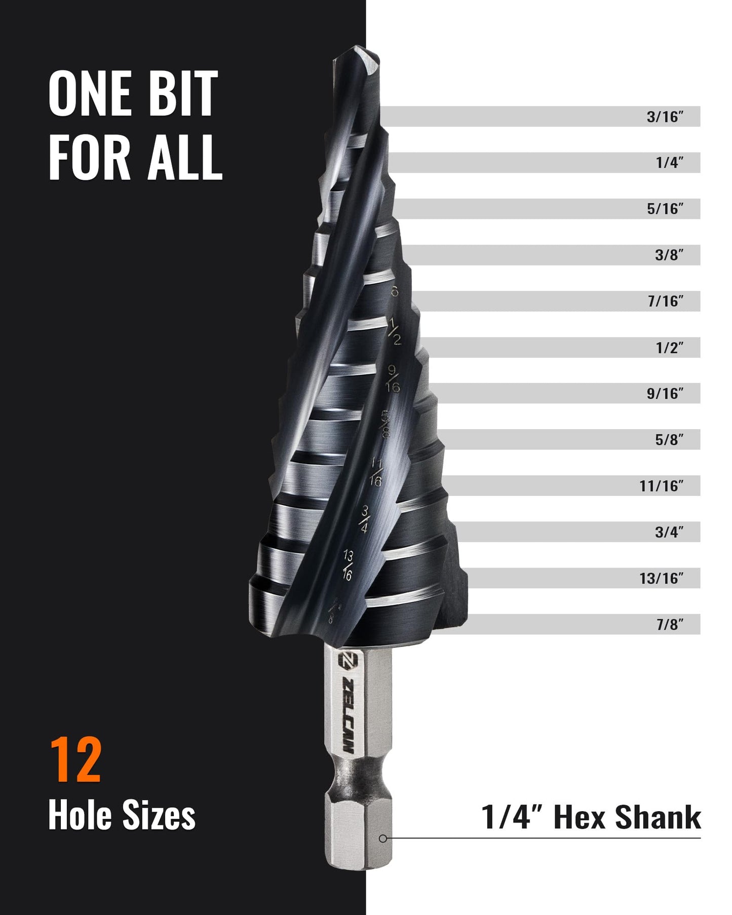 ZELCAN 10 Sizes Titanium Step Drill Bit, 1/4 to 1-3/8 Inches High Speed Steel Drill Cone Bits for Sheet Metal Hole Drilling Cutting, HSS Multi Size Hole Stepped Up Unibit for DIY Lovers Electrician