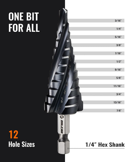 ZELCAN 10 Sizes Titanium Step Drill Bit, 1/4 to 1-3/8 Inches High Speed Steel Drill Cone Bits for Sheet Metal Hole Drilling Cutting, HSS Multi Size Hole Stepped Up Unibit for DIY Lovers Electrician