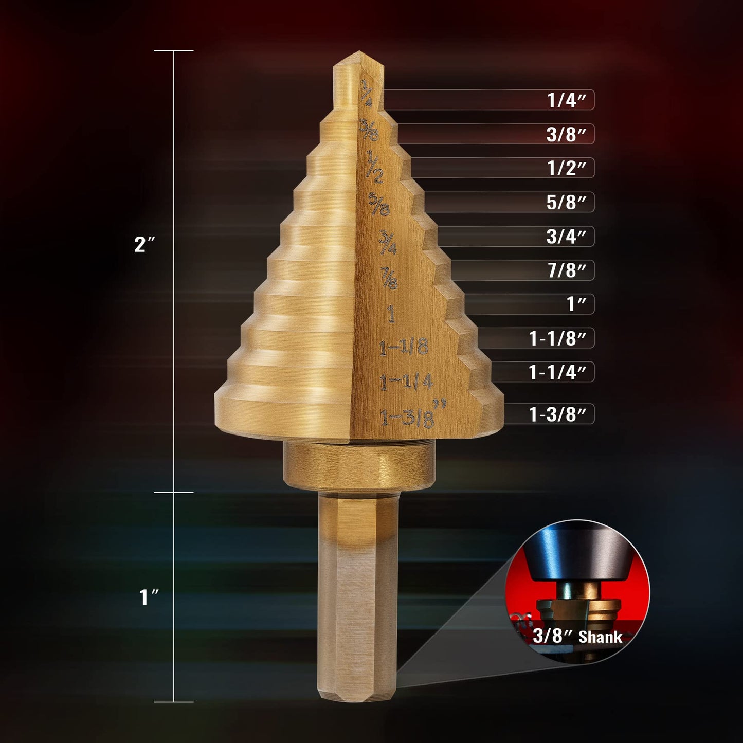 ZELCAN 10 Sizes Titanium Step Drill Bit, 1/4 to 1-3/8 Inches High Speed Steel Drill Cone Bits for Sheet Metal Hole Drilling Cutting, HSS Multi Size Hole Stepped Up Unibit for DIY Lovers Electrician