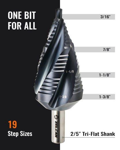 ZELCAN 10 Sizes Titanium Step Drill Bit, 1/4 to 1-3/8 Inches High Speed Steel Drill Cone Bits for Sheet Metal Hole Drilling Cutting, HSS Multi Size Hole Stepped Up Unibit for DIY Lovers Electrician