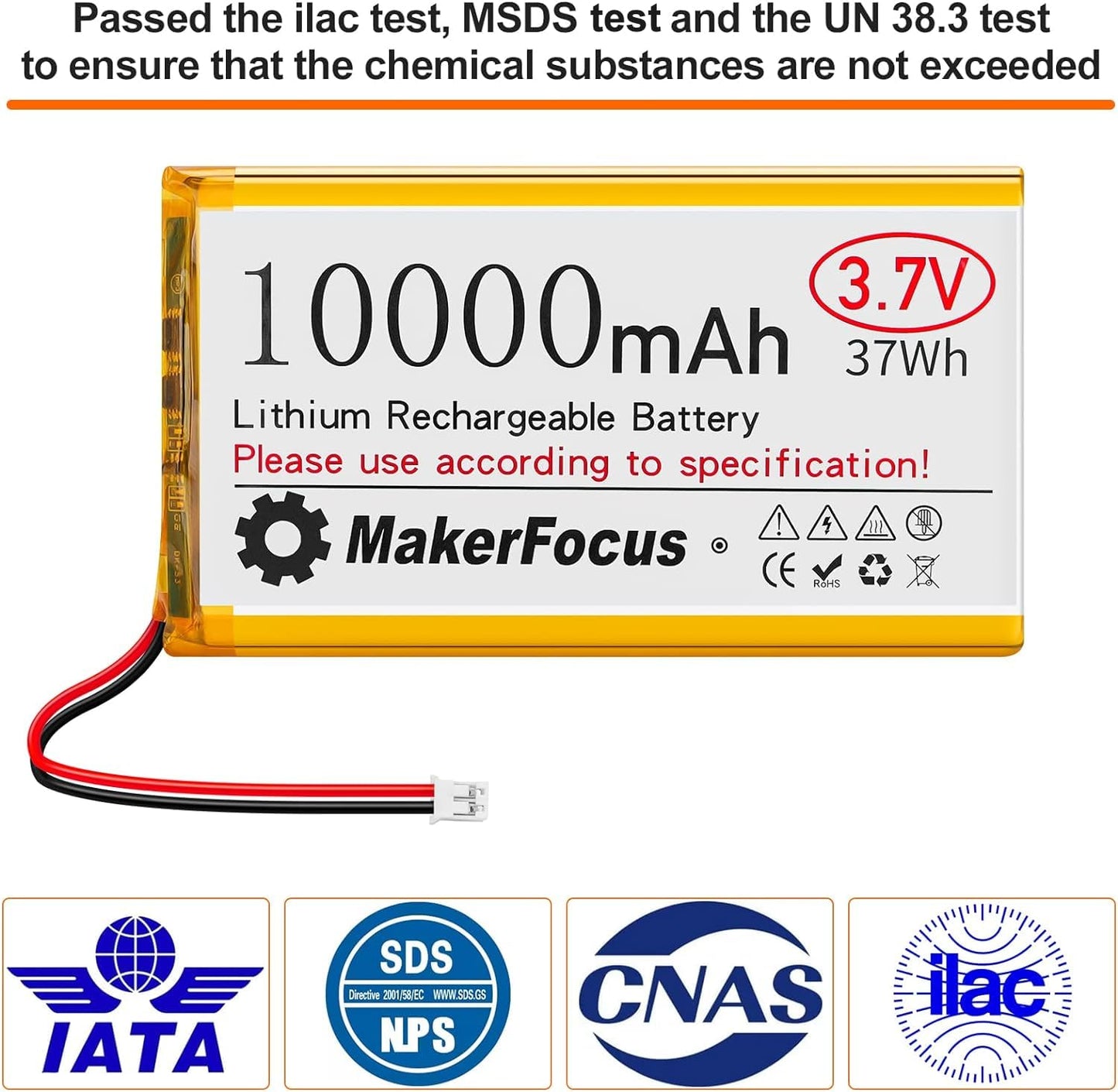 MakerFocus 1pcs 3.7V 10000mAh Lithium Polymer Rechargeable Battery with Integrated Protective Board, Insulation Coating and PH2.0 Plug for Raspberry Pi Battery Pack UPS and Other