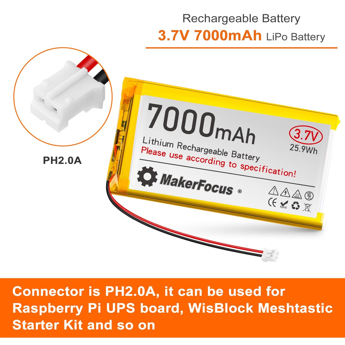 YELUFT 1pcs 3.7V 7000mAh Lithium Polymer Rechargeable Battery with Integrated Protective Board and PH2.0 Plug Compatible with WisBlock Meshtastic, Raspberry Pi UPS (Reversed Polarity)