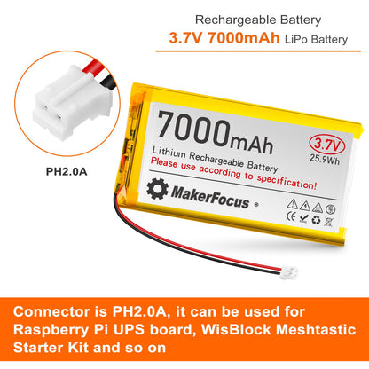 YELUFT 1pcs 3.7V 7000mAh Lithium Polymer Rechargeable Battery with Integrated Protective Board and PH2.0 Plug Compatible with WisBlock Meshtastic, Raspberry Pi UPS (Reversed Polarity)