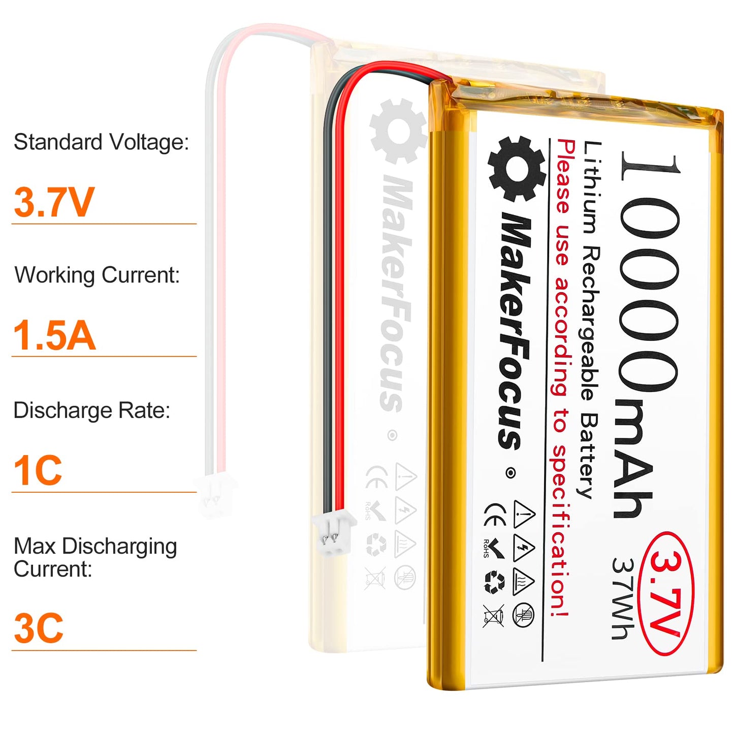 MakerFocus 1pcs 3.7V 10000mAh Lithium Polymer Rechargeable Battery with Integrated Protective Board, Insulation Coating and PH2.0 Plug for Raspberry Pi Battery Pack UPS and Other