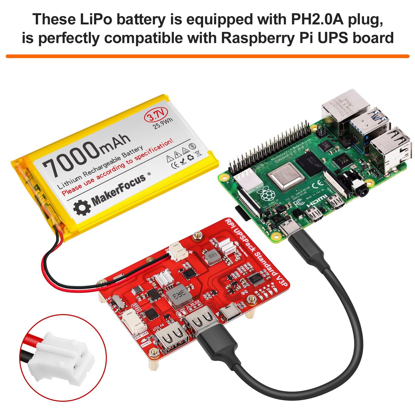 YELUFT 1pcs 3.7V 7000mAh Lithium Polymer Rechargeable Battery with Integrated Protective Board and PH2.0 Plug Compatible with WisBlock Meshtastic, Raspberry Pi UPS (Reversed Polarity)