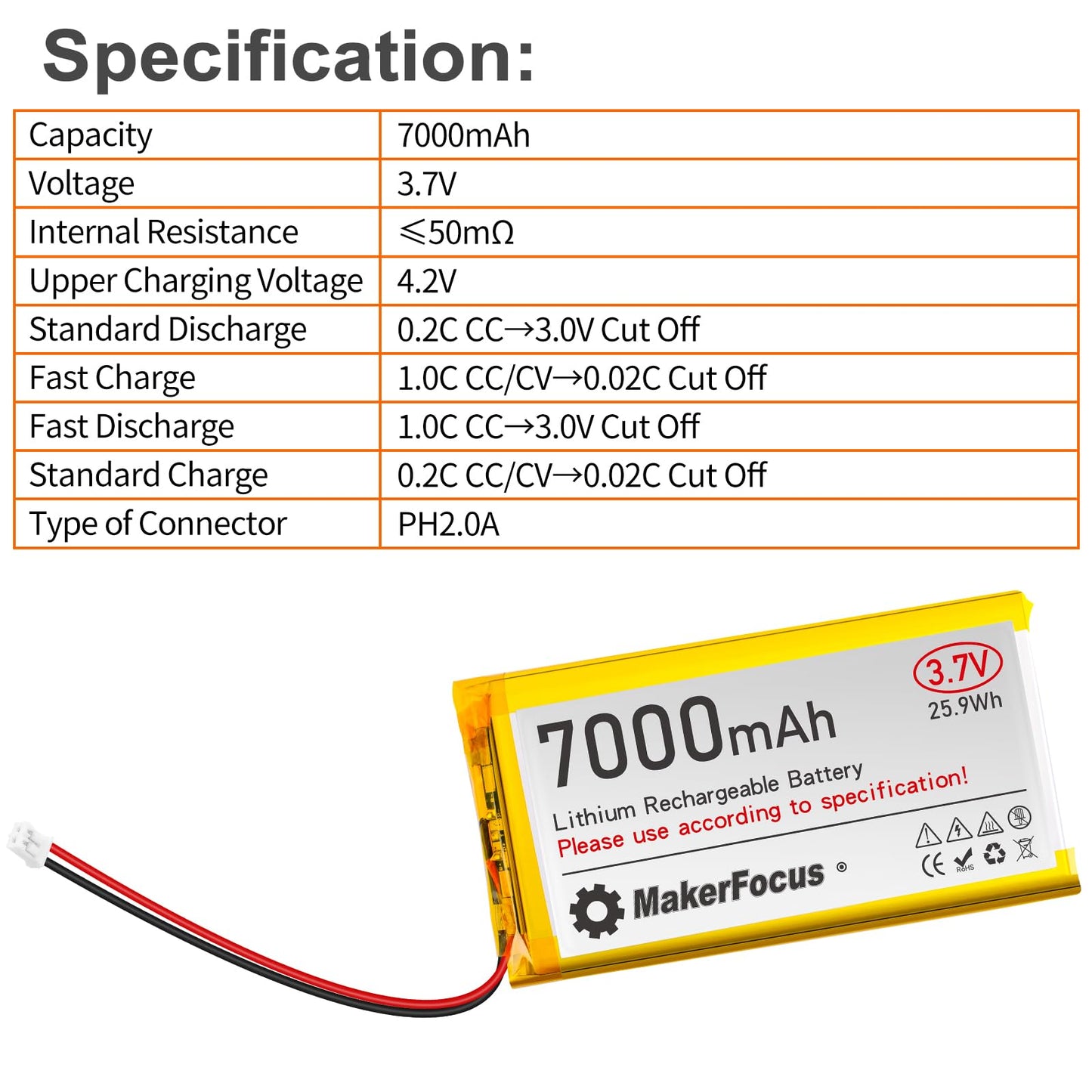 YELUFT 1pcs 3.7V 7000mAh Lithium Polymer Rechargeable Battery with Integrated Protective Board and PH2.0 Plug Compatible with WisBlock Meshtastic, Raspberry Pi UPS (Reversed Polarity)