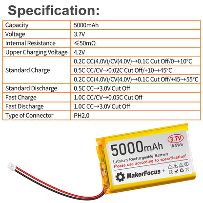 YELUFT 1pcs 3.7V 5000mAh Lithium Polymer Rechargeable Battery with Integrated Protective Board and PH2.0 Plug Compatible with WisBlock Meshtastic, Raspberry Pi UPS (Reversed Polarity)