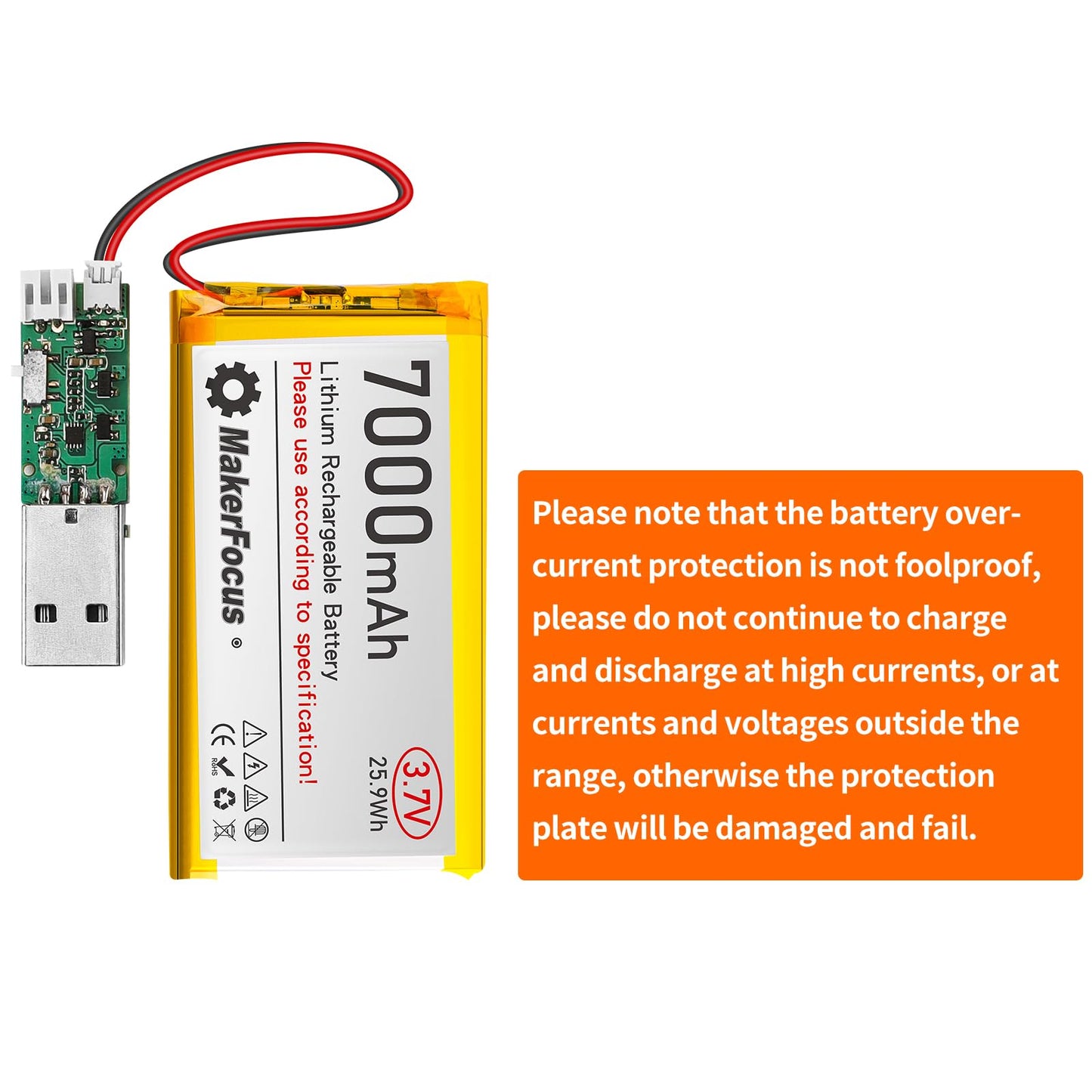 YELUFT 1pcs 3.7V 7000mAh Lithium Polymer Rechargeable Battery with Integrated Protective Board and PH2.0 Plug Compatible with WisBlock Meshtastic, Raspberry Pi UPS (Reversed Polarity)