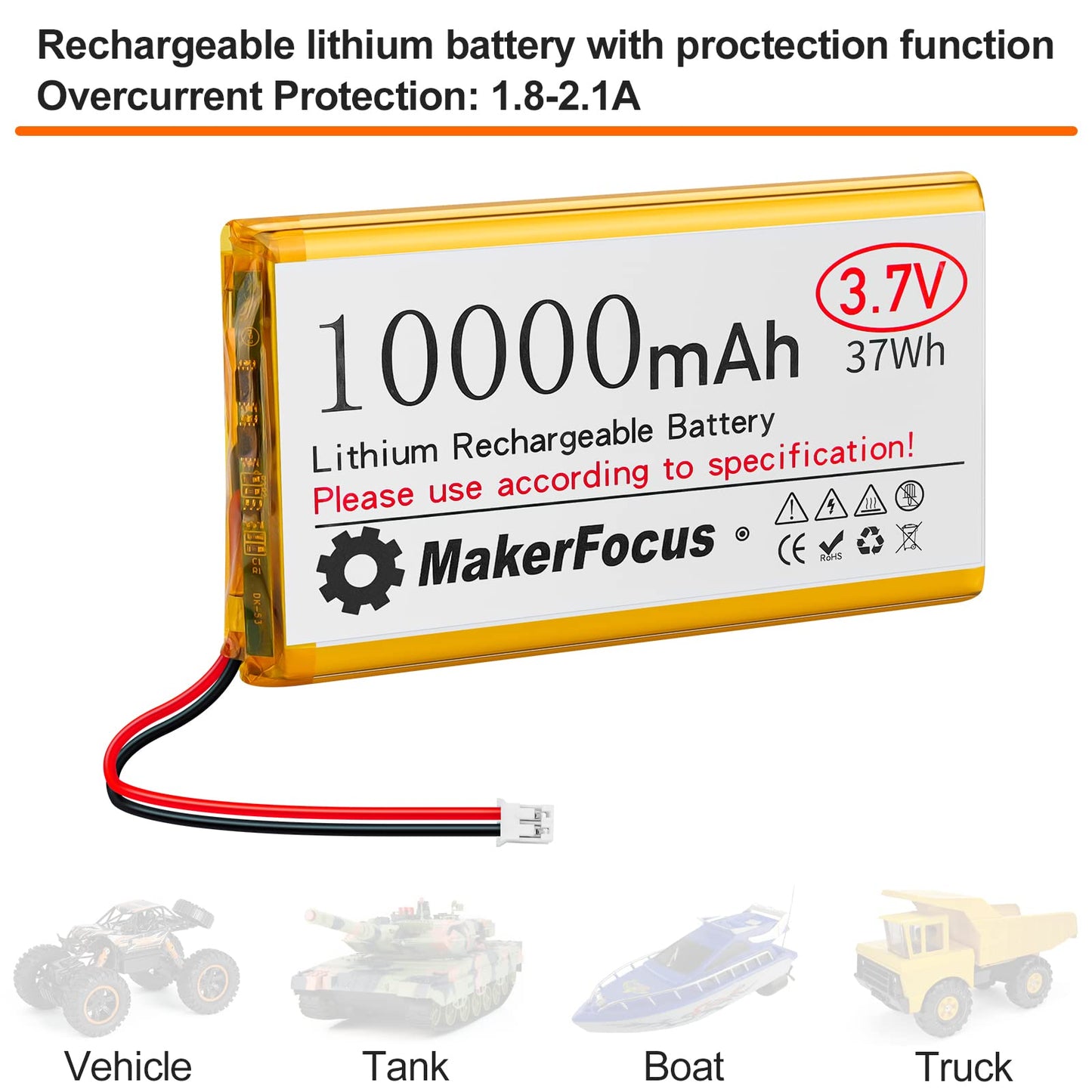 MakerFocus 1pcs 3.7V 10000mAh Lithium Polymer Rechargeable Battery with Integrated Protective Board, Insulation Coating and PH2.0 Plug for Raspberry Pi Battery Pack UPS and Other