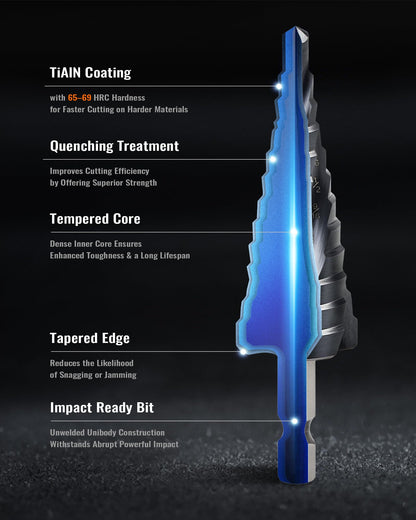 ZELCAN 10 Sizes Titanium Step Drill Bit, 1/4 to 1-3/8 Inches High Speed Steel Drill Cone Bits for Sheet Metal Hole Drilling Cutting, HSS Multi Size Hole Stepped Up Unibit for DIY Lovers Electrician