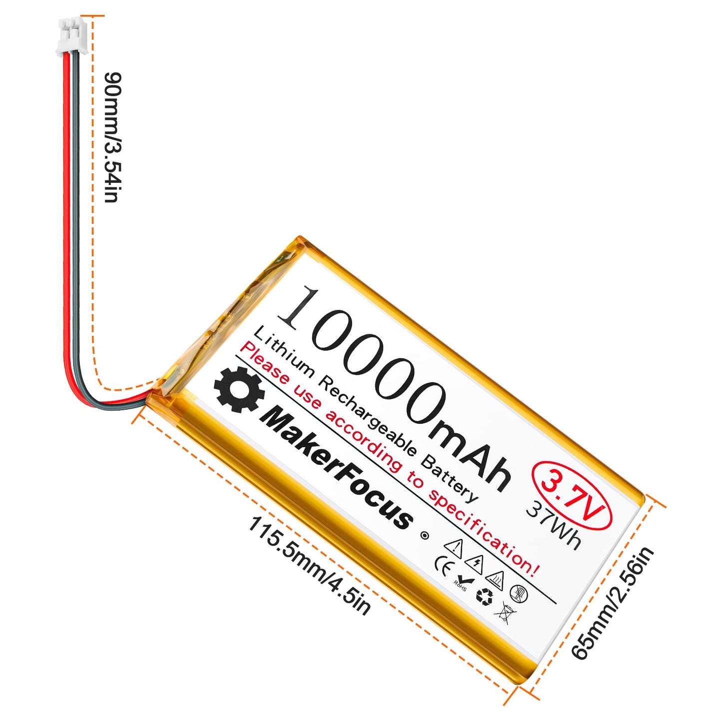 MakerFocus 1pcs 3.7V 10000mAh Lithium Polymer Rechargeable Battery with Integrated Protective Board, Insulation Coating and PH2.0 Plug for Raspberry Pi Battery Pack UPS and Other