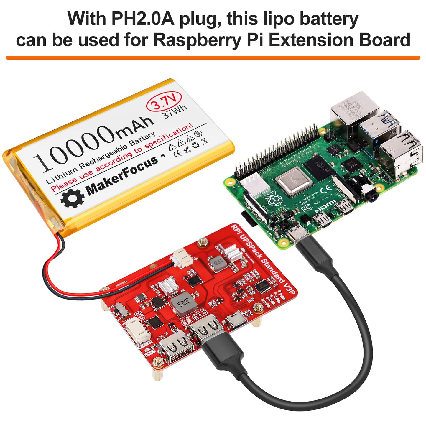 MakerFocus 1pcs 3.7V 10000mAh Lithium Polymer Rechargeable Battery with Integrated Protective Board, Insulation Coating and PH2.0 Plug for Raspberry Pi Battery Pack UPS and Other